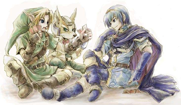 fox mccloud, link, marth (fire emblem), fire emblem, fire emblem: mystery of the emblem, nintendo, star fox, super smash bros., the legend of zelda, 2boys, blonde hair, blue eyes, blue hair, cape, card, furry, furry male, gloves, green eyes, holding, holding card, male focus, multiple boys, playing games, pointy ears, sitting, smile, tiara