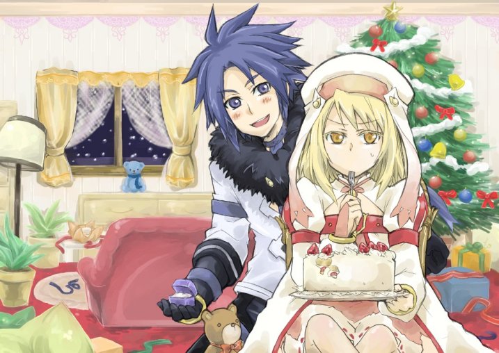 alice (tales), decus (tales), tales of (series), tales of symphonia, tales of symphonia: dawn of the new world, 00s, 1boy, 1girl, blonde hair, cake, christmas, christmas tree, food, fork, gift, gloves, pastry, purple eyes, purple hair, smile, stuffed animal, stuffed toy, teddy bear, yellow eyes