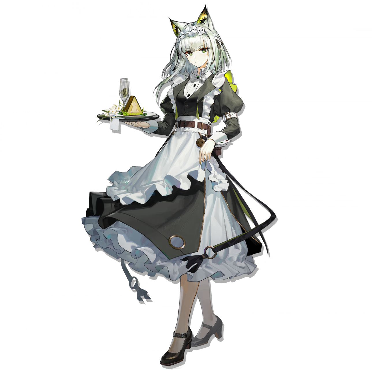 five-fall, kal'tsit (arknights), kal'tsit (the remains of time) (arknights), arknights, highres, official art, third-party source, 1girl, alternate costume, animal ear fluff, animal ears, apron, arm belt, belt, belt pouch, black dress, black shoes, bow, bowtie, brown belt, buttons, cat ears, cat girl, champagne flute, closed mouth, clothes lift, collared dress, cup, dress, drinking glass, enmaided, flower, food, frilled apron, frilled skirt, frills, full body, green eyes, green hair, green nails, holding, holding tray, layered dress, lifting own clothes, long hair, long skirt, looking at viewer, maid, maid apron, maid headdress, mary janes, nail polish, official alternate costume, plate, pouch, puffy sleeves, rhodes island logo (arknights), shoes, side slit, sidelocks, simple background, skirt, skirt lift, solo, standing, transparent background, tray, two-tone dress, white apron, white belt, white bow, white bowtie, white dress, white flower, zipper skirt