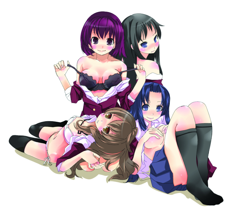 kazuha nanako, nanako (artist), aisaka taiga, kanou sumire, kawashima ami, kushieda minori, toradora!, bad id, bad pixiv id, 00s, 4girls, blush, bra, breasts, covering breasts, covering privates, large breasts, lingerie, multiple girls, panties, school uniform, side-tie panties, skirt, smile, socks, thighhighs, underwear