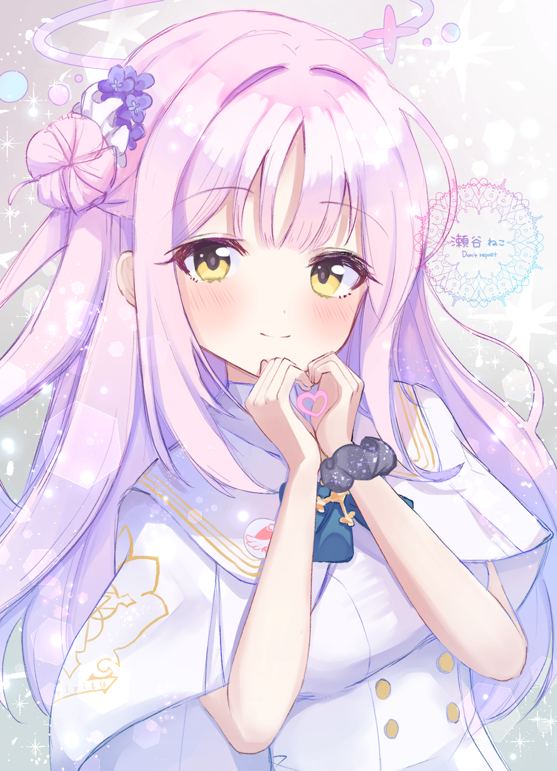 setani neco, mika (blue archive), blue archive, highres, 1girl, blue bow, blush, bow, breasts, buttons, capelet, closed mouth, double-breasted, dress, flower, hair bun, hair flower, hair ornament, halo, long hair, looking at viewer, medium breasts, pink hair, pink halo, scrunchie, single hair bun, single side bun, smile, solo, upper body, very long hair, white capelet, wrist scrunchie, yellow eyes
