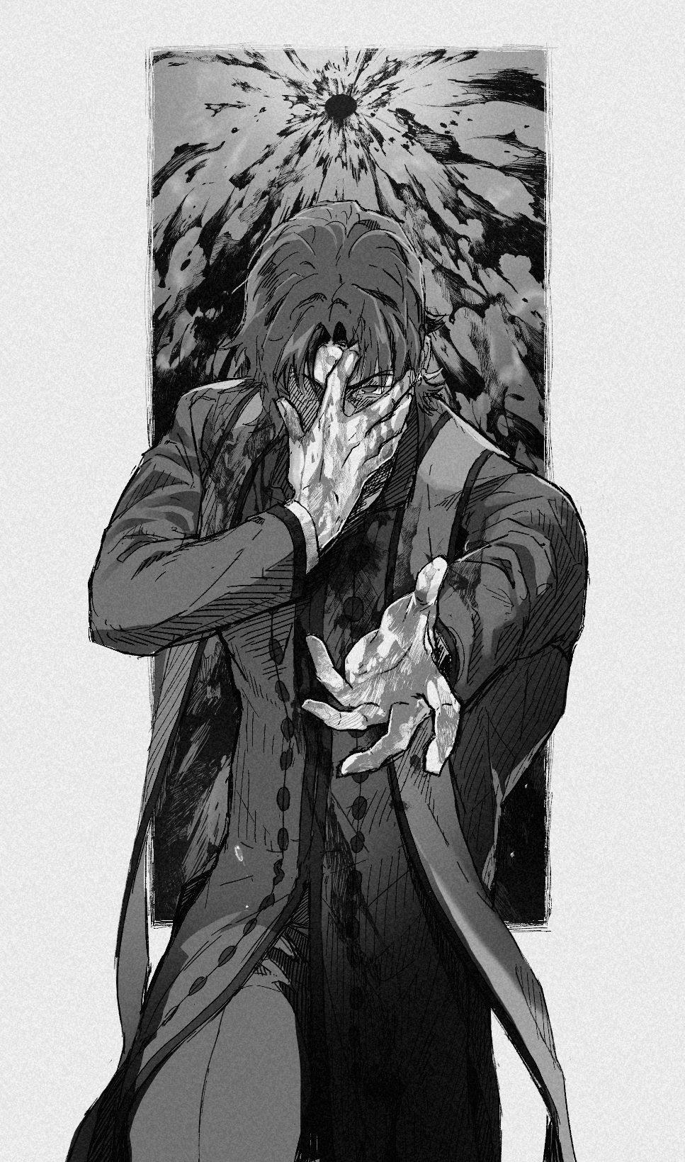 grigori rasputin (fate), kotomine kirei, fate/grand order, fate (series), highres, 1boy, blood, blood on clothes, blood on face, blood on hands, cowboy shot, ggamegv, greyscale, hand over face, long sleeves, male focus, monochrome, outstretched hand, priest, short hair, solo, stole