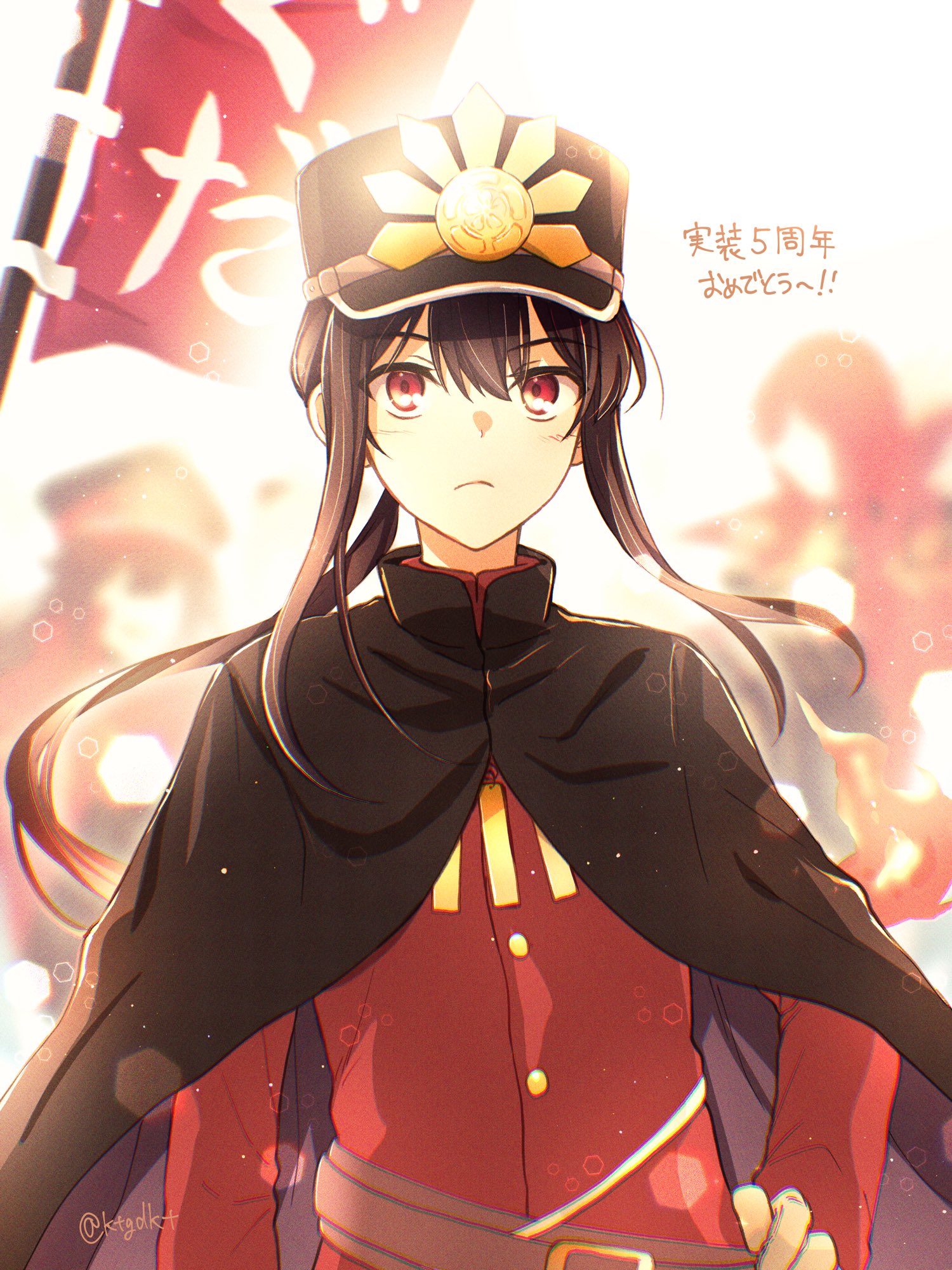 t kattu, oda nobukatsu (fate), oda nobunaga (fate), oda nobunaga (maou avenger) (fate), fate/grand order, fate (series), highres, 1boy, 2girls, banner, belt, black cape, blurry, blurry background, brown belt, brown hair, cape, center-flap bangs, chromatic aberration, closed mouth, crest, family crest, fiery hair, floating hair, frown, gloves, grey gloves, hair between eyes, hand on own hip, hat, high collar, jacket, lens flare, light blush, long hair, long sleeves, looking at viewer, low ponytail, male focus, military hat, military jacket, military uniform, multiple girls, nobori, oda uri, peaked cap, ponytail, red eyes, red hair, red jacket, shako cap, sidelocks, twitter username, very long hair, white background
