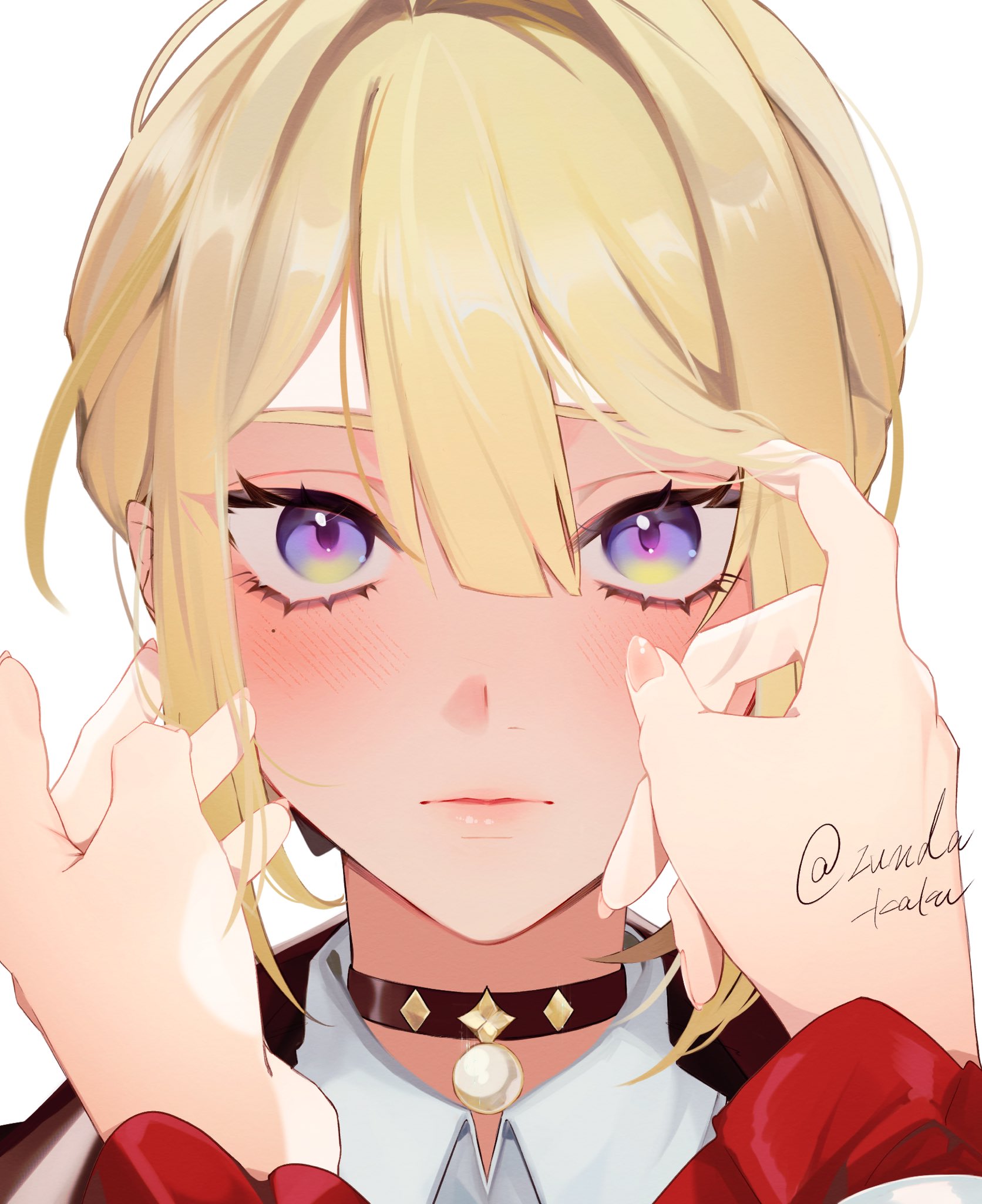 zunda kaku, astra yao, evelyn chevalier, zenless zone zero, commentary request, highres, 2girls, blonde hair, blush, coat, collar, hair between eyes, hand in another's hair, hand on another's face, looking at viewer, mole, mole under eye, multiple girls, nail polish, open mouth, pov, pov hands, purple eyes, red sleeves, shirt, simple background, twitter username, white background, white shirt