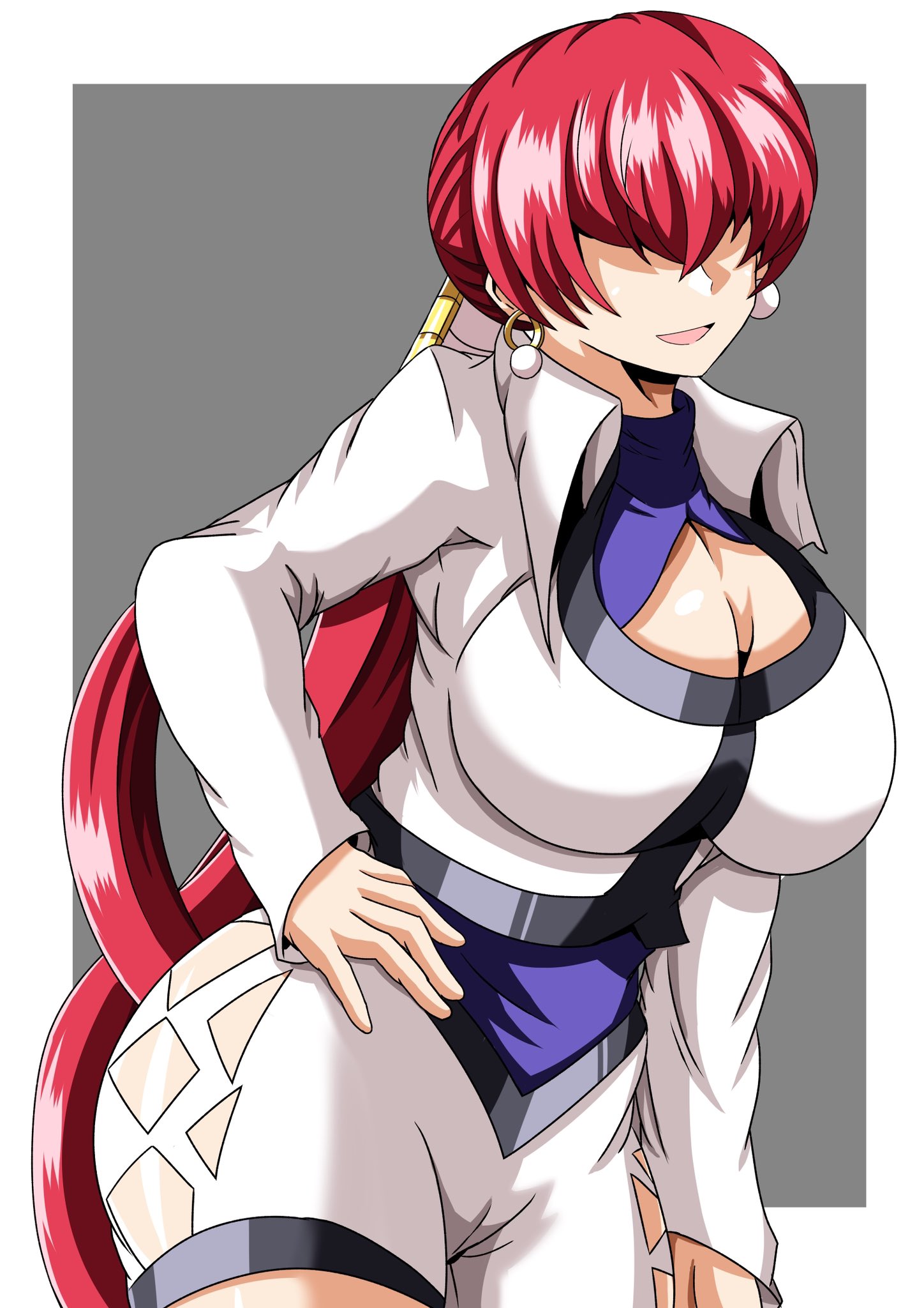shermie (kof), the king of fighters, 1girl, breasts, cleavage cutout, clothing cutout, curvy, dress, earrings, female focus, hand on own hip, huge breasts, jacket, jewelry, large breasts, long hair, long sleeves, pale skin, ponytail, red hair, simi zero, skirt, smile, thick thighs, thighs, twintails, wide hips