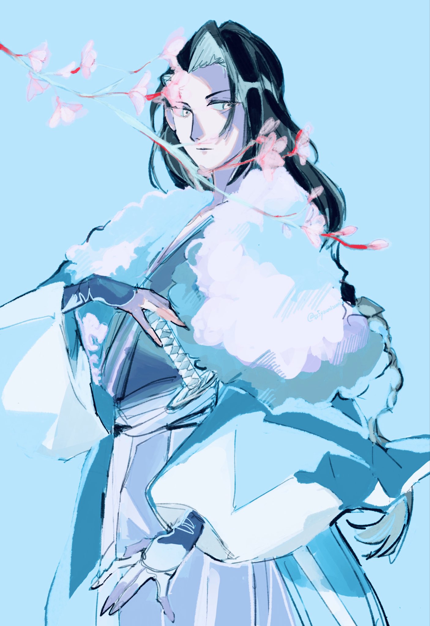ss5yzumizumi1, kondou isami (fate), fate/grand order, fate (series), highres, 1boy, black hair, blue background, blue haori, branch, cowboy shot, curtained hair, flower, grey eyes, hakama, haori, japanese clothes, katana, kimono, long hair, looking at viewer, male focus, pink flower, shinsengumi, simple background, solo, sword, weapon