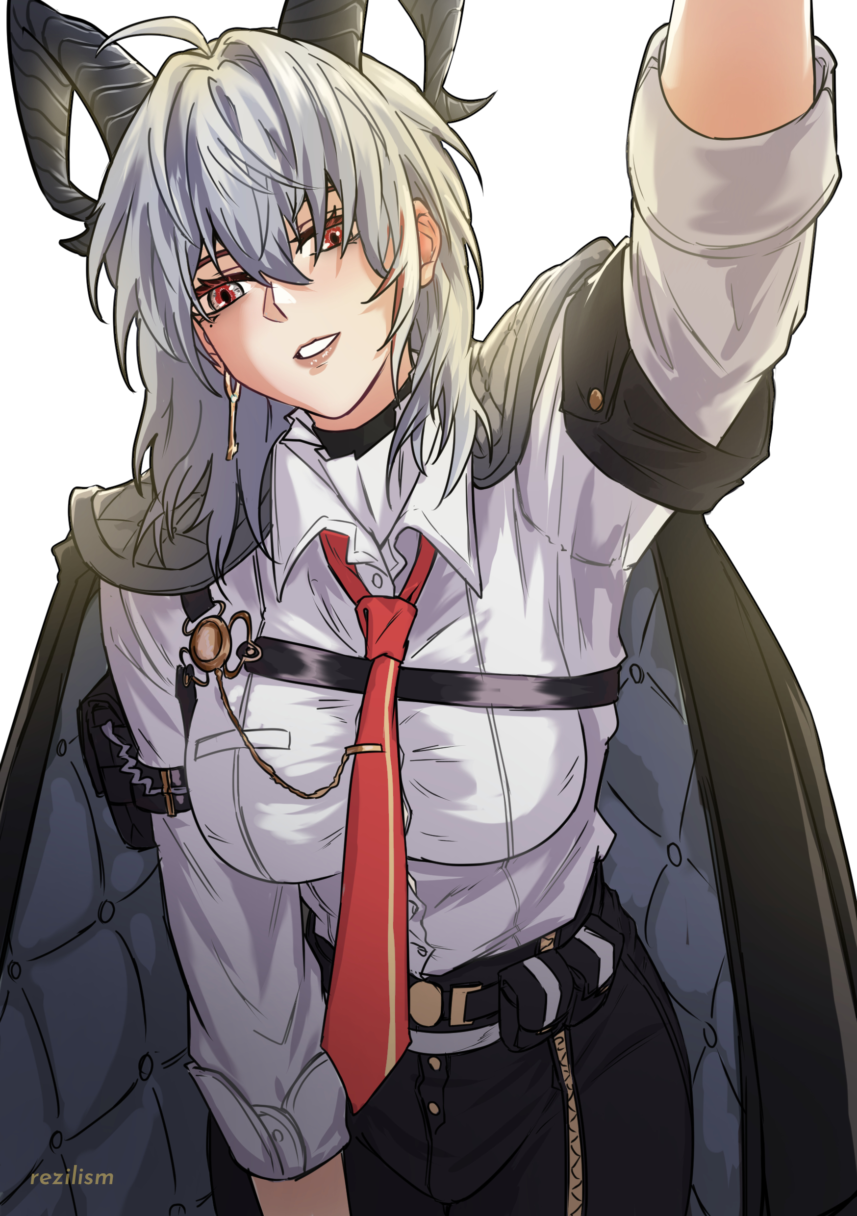 rezilism, zani (wuthering waves), wuthering waves, absurdres, alt text, commentary, english commentary, highres, 1girl, ahoge, arm pouch, black choker, black horns, black jacket, black pants, breasts, chest harness, choker, collared shirt, curled horns, earrings, grey hair, hair between eyes, harness, horns, jacket, jacket on shoulders, jewelry, key earrings, large breasts, long hair, looking at viewer, necktie, pants, parted lips, red eyes, red necktie, shirt, shirt tucked in, simple background, solo, white background, white shirt