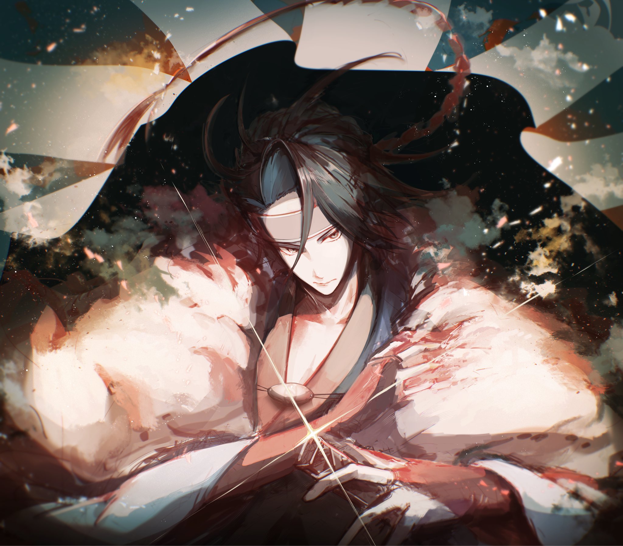 kondou isami (fate), fate/grand order, fate (series), highres, 1boy, black background, black hair, blood, blood on clothes, curtained hair, grey eyes, headband, japanese clothes, jun canopus, kimono, long hair, looking at viewer, male focus, solo, upper body