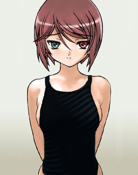 souseiseki, rozen maiden, 00s, 1girl, boku in black, brown hair, female focus, gradient background, heterochromia, short hair, solo, swimsuit