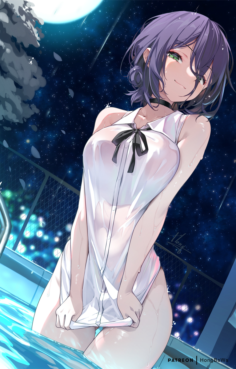 hong (white spider), reze (chainsaw man), chainsaw man, highres, 1girl, looking at viewer, night, night sky, partially submerged, pool, shirt, sky, sleeveless, sleeveless shirt, smile, solo, thighs, wet, wet clothes, wet hair, wet shirt, white background, white shirt