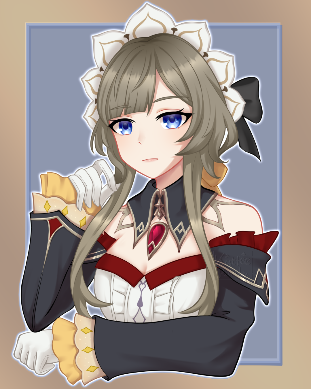 sandrone (genshin impact), genshin impact, highres, 1girl, bare shoulders, blue eyes, breasts, brooch, center frills, cleavage, detached collar, detached sleeves, frills, gloves, grey hair, jewelry, katfeepanda, long hair, long sleeves, solo, upper body, white gloves