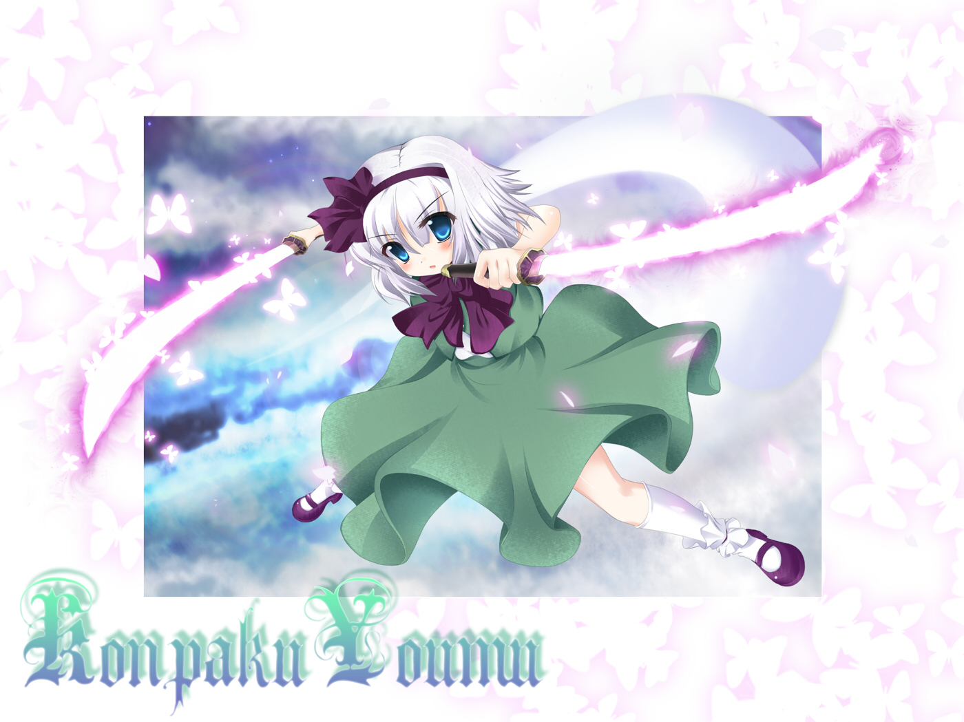 hoshineko (kiraneko), konpaku youmu, konpaku youmu (ghost), touhou, silver hair, bad id, bad pixiv id, 1girl, blue eyes, dual wielding, female focus, hitodama, holding, katana, solo, sword, tanto, weapon