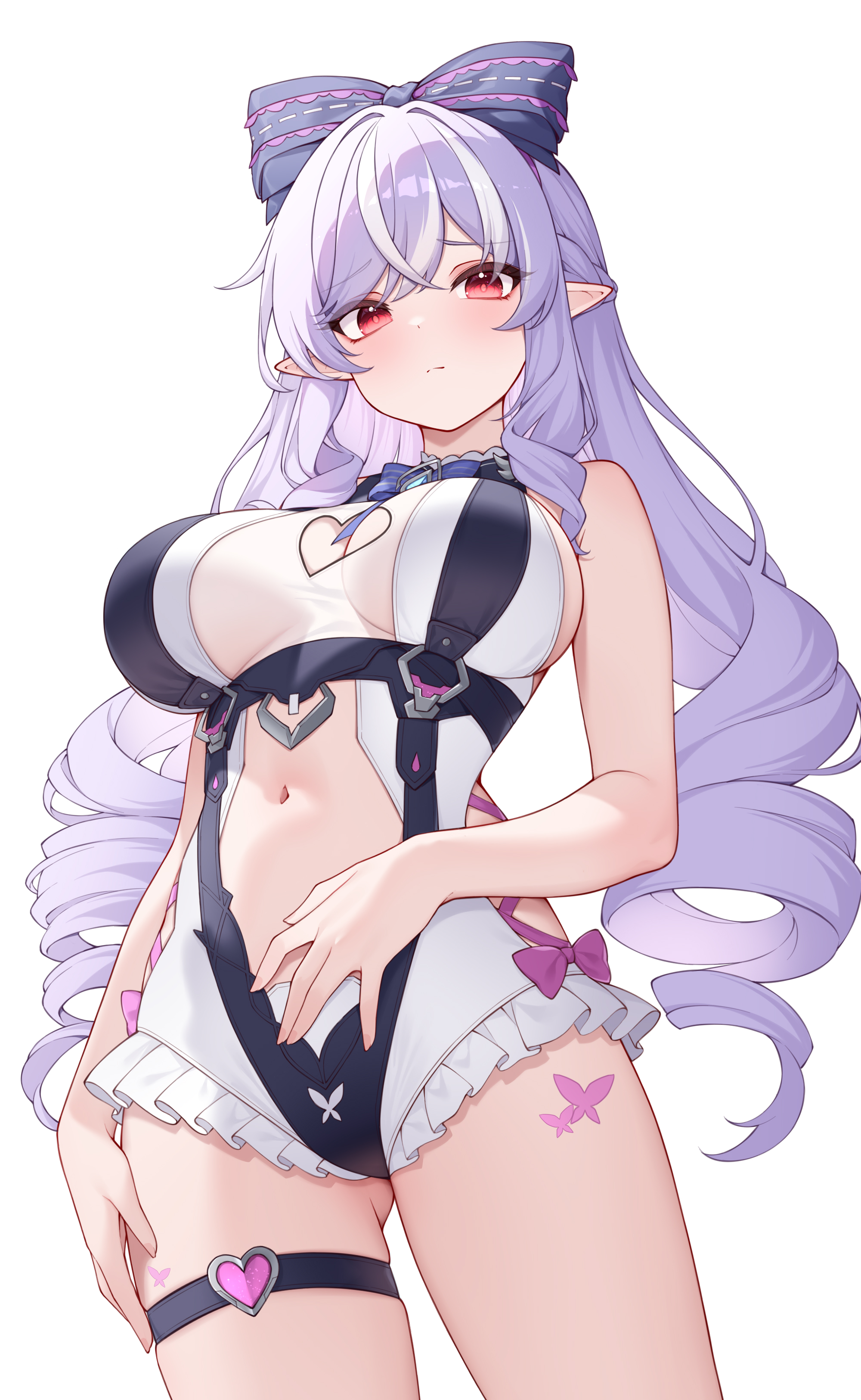 origami (poinia), vivian banshee, vivian banshee (iris of the shore), zenless zone zero, absurdres, commentary request, highres, paid reward available, 1girl, bare shoulders, blush, bow, breasts, cleavage, closed mouth, clothing cutout, hair bow, heart cutout, large breasts, long hair, looking at viewer, multicolored hair, navel, official alternate costume, one-piece swimsuit, pointy ears, purple bow, purple hair, red eyes, sidelocks, simple background, solo, stomach, streaked hair, swimsuit, thigh strap, thighs, very long hair, white background, white one-piece swimsuit