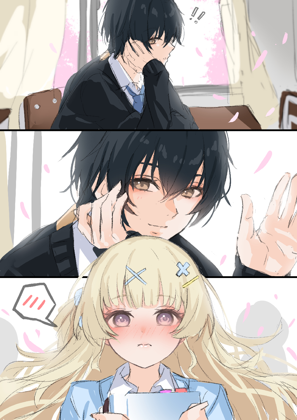 kuramoto beta-carotene, male rover (wuthering waves), phoebe (wuthering waves), rover (wuthering waves), wuthering waves, commentary request, highres, !, !!, 1boy, 1girl, alternate costume, black hair, black shirt, blonde hair, blue necktie, blush, classroom, closed mouth, curtains, hair between eyes, hair ornament, holding, indoors, long hair, necktie, nose blush, pink petals, purple eyes, shirt, smile, spoken blush, waving, window, x hair ornament, yellow eyes