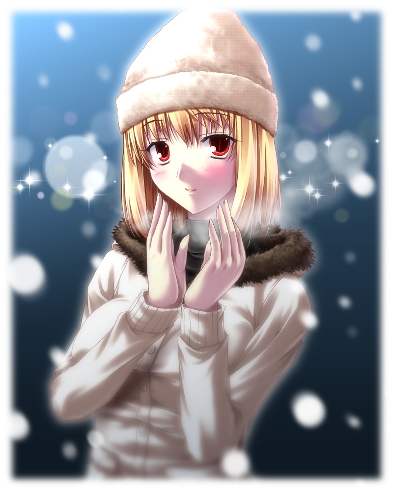 miyai sen, arcueid brunestud, tsukihime, 00s, 1girl, beanie, blonde hair, blurry, blush, bokeh, breath, coat, depth of field, female focus, fur trim, hat, red eyes, short hair, smile, snow, snowing, solo, sparkle
