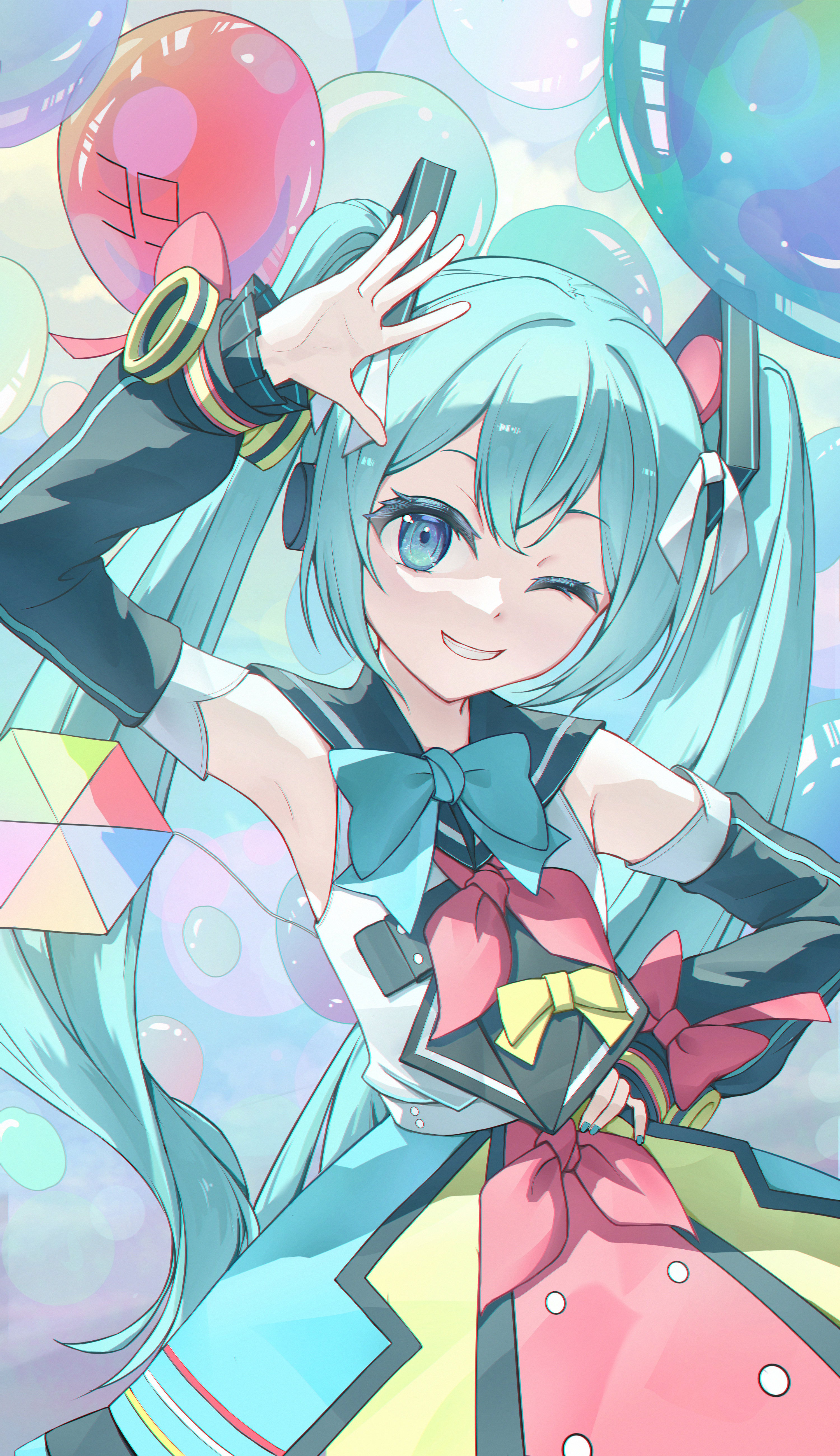 hatsune miku, magical mirai miku, magical mirai miku (2018), magical mirai (vocaloid), vocaloid, absurdres, highres, 1girl, 39, aqua bow, aqua eyes, aqua hair, aqua nails, arm up, armpits, balloon, black sailor collar, bow, detached sleeves, hair ribbon, hand on own hip, long sleeves, looking at viewer, moboireach, official alternate costume, official alternate hairstyle, one eye closed, pink bow, ribbon, sailor collar, shirt, sleeveless, sleeveless shirt, smile, solo, white ribbon, yellow bow