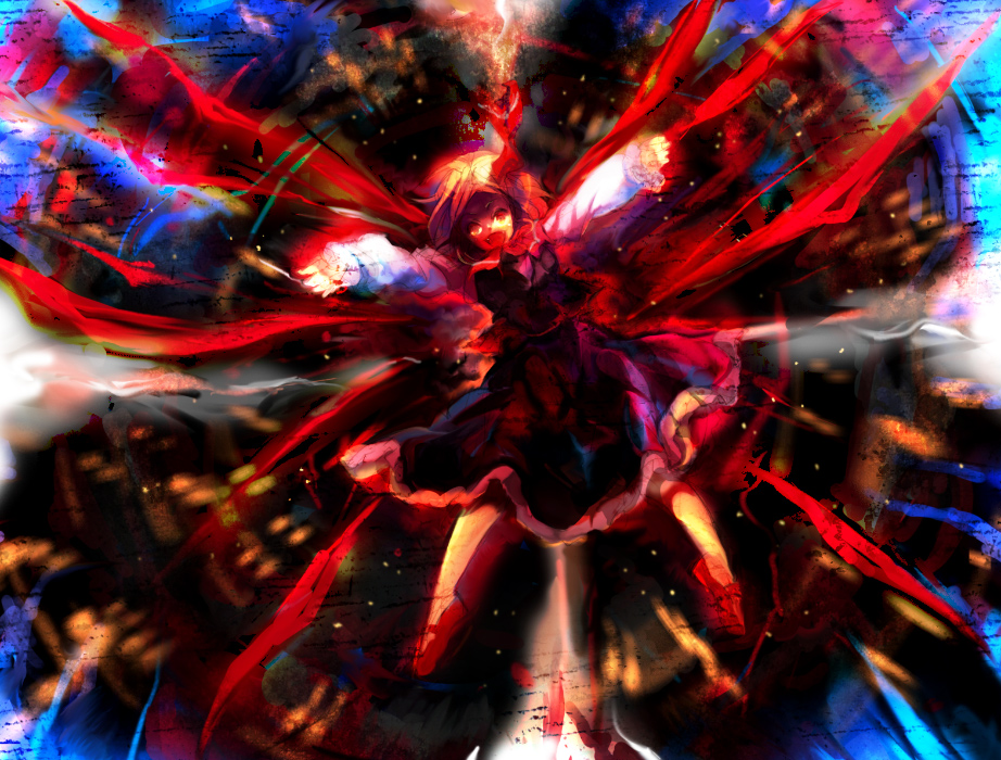 toriko (hatoriko), rumia, embodiment of scarlet devil, touhou, 1girl, black dress, blonde hair, closed eyes, dress, female focus, hair ribbon, open mouth, outstretched arms, red eyes, ribbon, short hair, solo