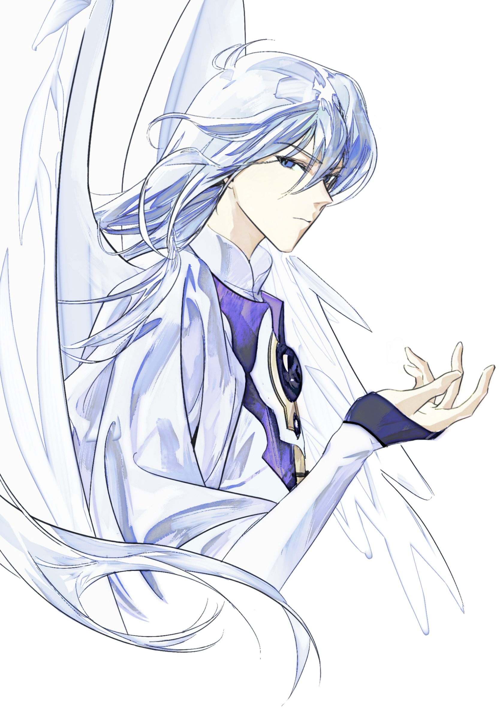 jiaocha 0219, yue (cardcaptor sakura), cardcaptor sakura, commentary, highres, 1boy, blue eyes, coat, from side, long hair, looking at viewer, male focus, simple background, solo, upper body, white background, white coat, white hair, white wings, wings