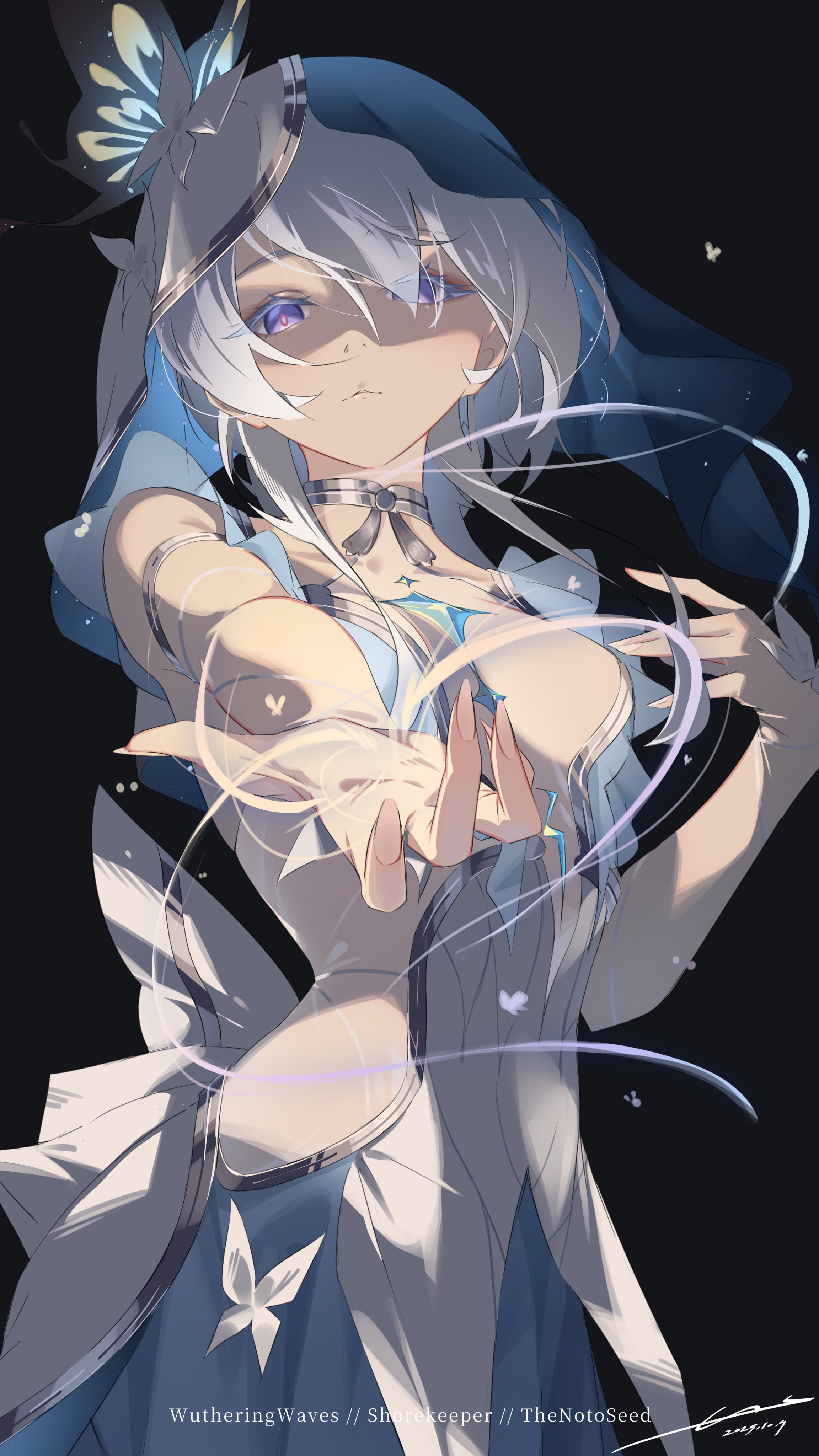 noto (noto 1213), shorekeeper (wuthering waves), wuthering waves, absurdres, commentary request, highres, 1girl, armlet, artist name, blue hair, blue veil, breasts, character name, closed mouth, copyright name, cowboy shot, dated, dress, eyes visible through hair, fingernails, hair over one eye, hand up, jewelry, long hair, looking at viewer, medium breasts, outstretched arm, purple eyes, signature, sleeveless, sleeveless dress, solo, two-tone veil, veil, white dress, white veil