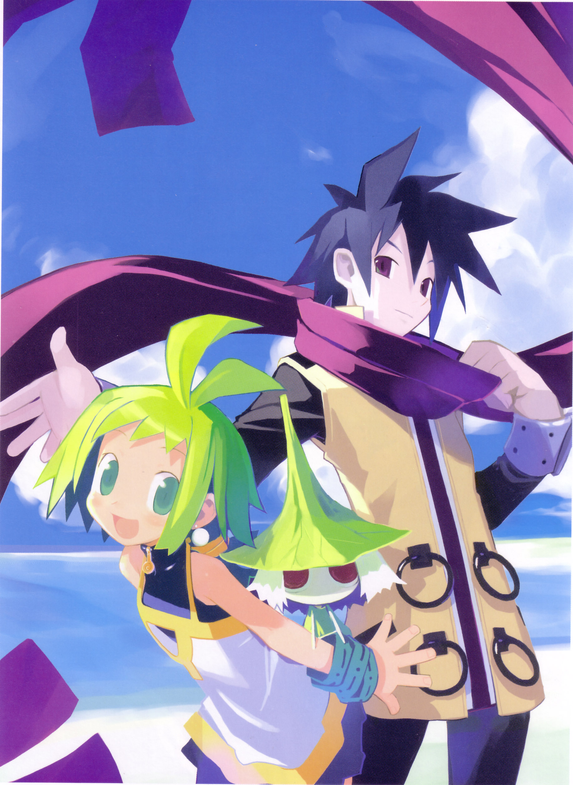 harada takehito, ash (phantom brave), marona (phantom brave), putty, putty (phantom brave), nippon ichi, phantom brave, absurdres, highres, official art, 1boy, 1girl, blue hair, green eyes, green hair, red eyes, smile