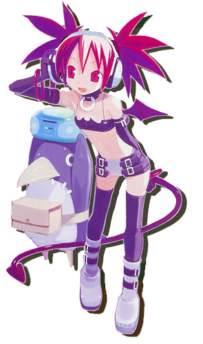 harada takehito, etna (disgaea), prinny, disgaea, makai senki disgaea, makai senki disgaea 2, makai senki disgaea 3, nippon ichi, lowres, 00s, arm behind back, bat wings, belt, bikini, bikini top only, boots, demon girl, flat chest, from side, full body, hand on headphones, hand on own ear, headphones, mini wings, miniskirt, object on head, parted bangs, pencil skirt, purple belt, purple bikini, purple thighhighs, red eyes, red hair, simple background, skirt, smile, solo, spiked hair, swimsuit, tail, thighhighs, twintails, white background, white boots, wings