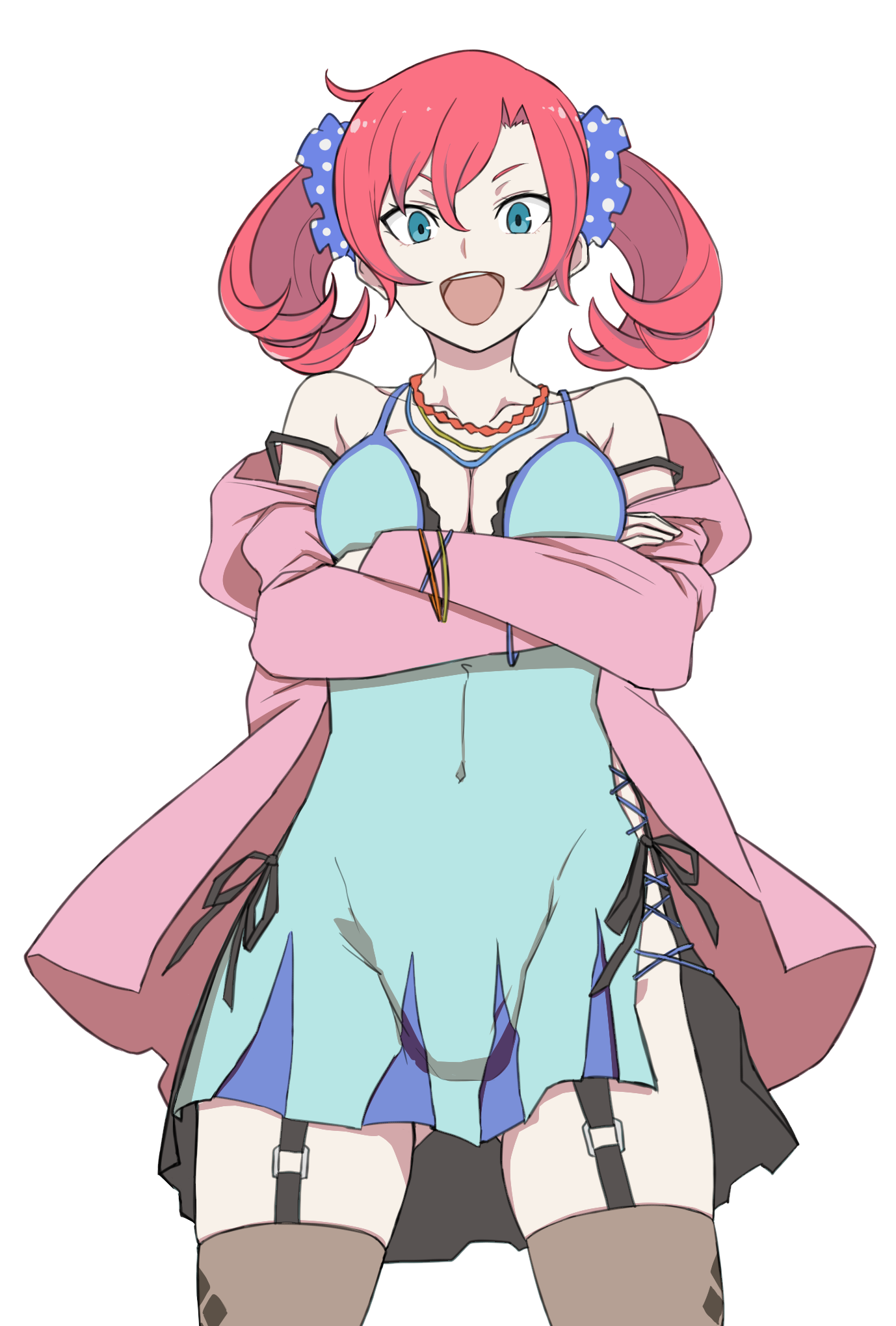 shiramine nokia, digimon, digimon story: cyber sleuth, highres, 1girl, ayu (ddestiny944), bare shoulders, black thighhighs, blue camisole, blue eyes, breasts, camisole, cleavage, collarbone, cowboy shot, cross-laced slit, crossed arms, garter straps, gluteal fold, jacket, jewelry, medium breasts, necklace, official alternate costume, open mouth, pink jacket, red hair, simple background, smile, solo, spaghetti strap, straight-on, thighhighs, transparent background, twintails