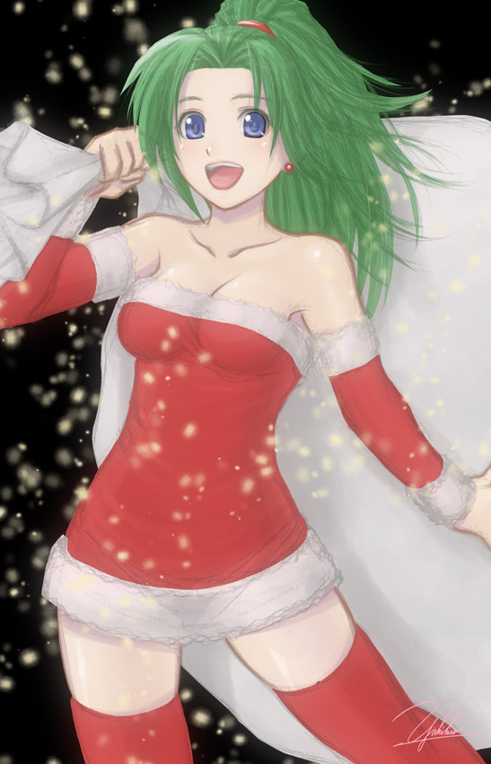 yukihiro, tina branford, final fantasy, final fantasy vi, 1990s (style), 1girl, bag, blue eyes, christmas, dress, female focus, green hair, open mouth, ponytail, retro artstyle, sack, santa costume, signature, solo, strapless, strapless dress, thighhighs