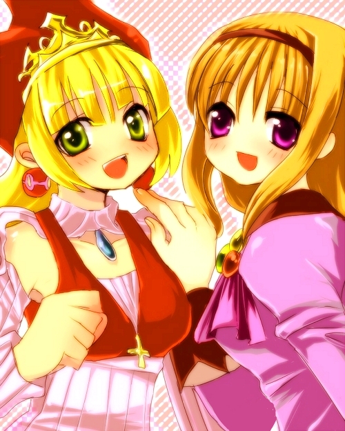 crea rosenqueen, princess kururu, little princess, marl kingdom, nippon ichi, puppet princess (marl kingdom), 2girls, blonde hair, blush, bow, dress, earrings, green eyes, hat, jewelry, long hair, multiple girls, smile