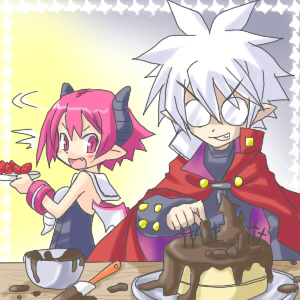 mao (disgaea), raspberyl, disgaea, makai senki disgaea 3, nippon ichi, lowres, 1boy, 1girl, cake, demon girl, food, glasses, horns, pastry, pink eyes, pink hair, pointy ears, round eyewear, short hair, white hair, wings