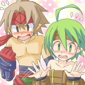 female warrior (disgaea), karina, male warrior (disgaea), warrior (disgaea), disgaea, makai senki disgaea, makai senki disgaea 2, makai senki disgaea 3, nippon ichi, lowres, 00s, 1boy, 1girl, blush, brown eyes, brown hair, demon girl, green eyes, green hair, pointy ears, short hair