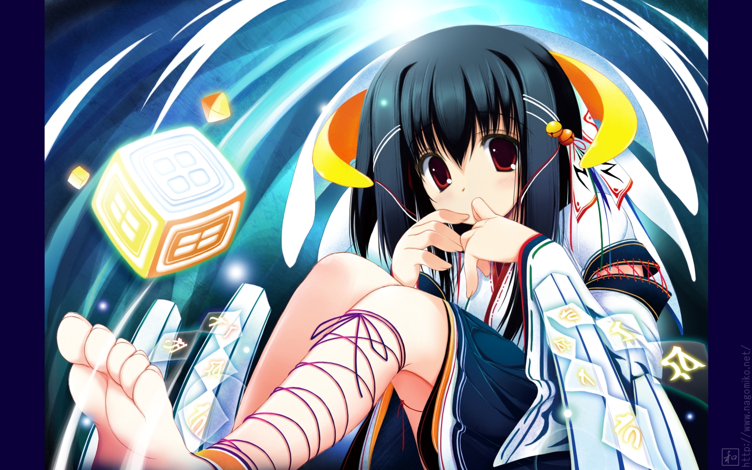 tenmu shinryuusai, barefoot, blue hair, feet, japanese clothes, kimono, red eyes, solo, string
