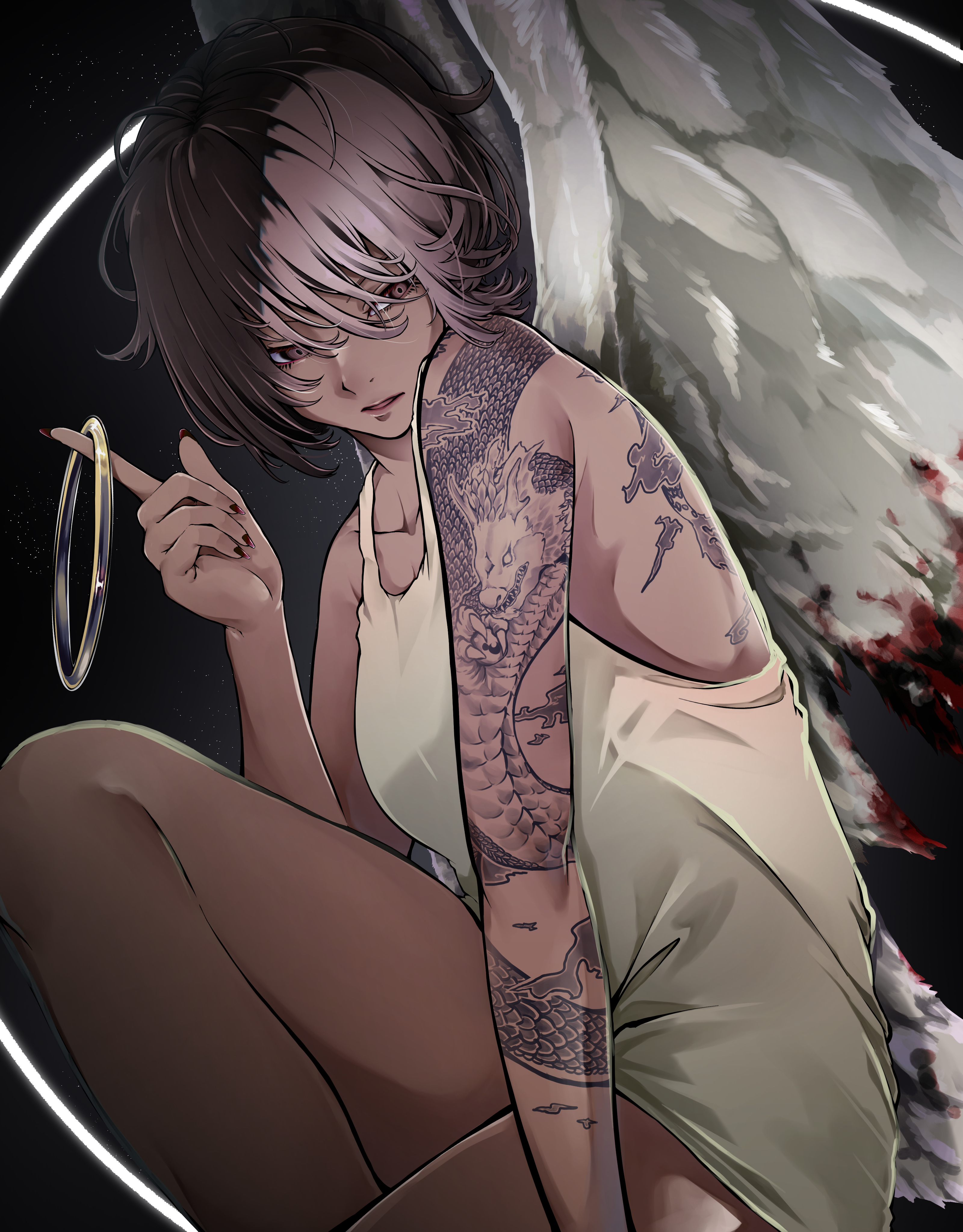 chiwa kotarou, flying nimbus, original, absurdres, commentary, highres, 1girl, angel wings, arm tattoo, back tattoo, blood, bloody wings, camisole, collarbone, from side, knee up, looking at viewer, nail polish, parted lips, short hair, sitting, solo, tattoo, white camisole, white wings, wings