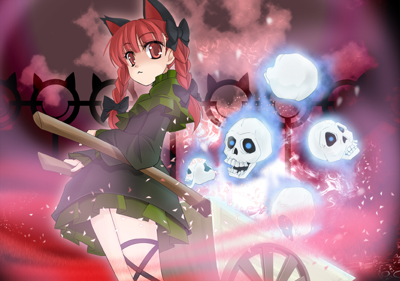 wapokichi, kaenbyou rin, touhou, 1girl, animal ears, braid, cat ears, cat girl, female focus, red eyes, red hair, ribbon, skull, solo, twin braids, wheelbarrow