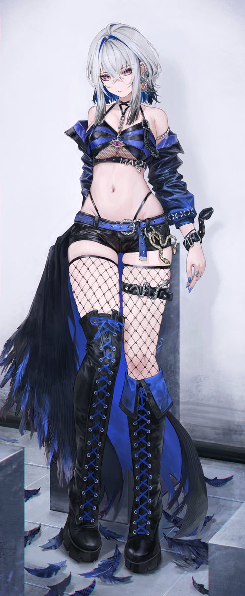 flippy (cripine111), galbrena (wuthering waves), wuthering waves, commentary, highres, 1girl, alternate costume, asymmetrical legwear, bare shoulders, black boots, black feathers, black jacket, black shorts, blue hair, blue nails, boots, breasts, closed mouth, earrings, feathered wings, feathers, fingernails, fishnet thighhighs, fishnets, full body, hair between eyes, halterneck, jacket, jewelry, lace-up boots, looking at viewer, low wings, medium breasts, medium hair, nail polish, navel, off shoulder, purple eyes, short shorts, shorts, single wing, solo, standing, stomach, thighhighs, thighs, uneven legwear, wings