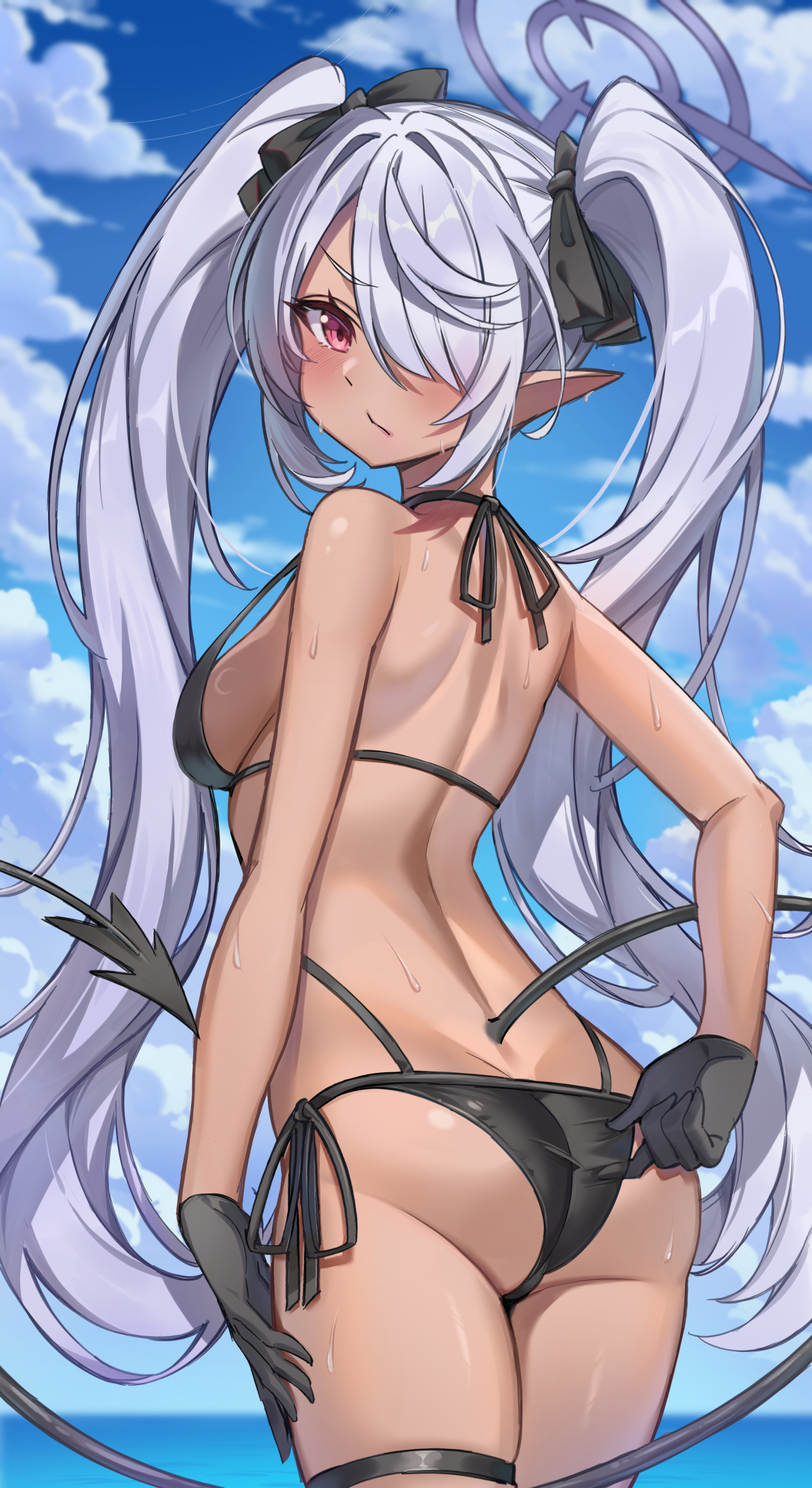 chai mao, iori (blue archive), iori (swimsuit) (blue archive), blue archive, absurdres, highres, 1girl, adjusting clothes, adjusting swimsuit, ass, back, bare shoulders, bikini, black bikini, blue sky, blush, breasts, closed mouth, cowboy shot, dark-skinned female, dark skin, day, demon tail, from behind, gloves, grey hair, hair over one eye, halo, long hair, looking at viewer, looking back, ocean, official alternate costume, pointy ears, red eyes, sky, solo, standing, string bikini, swimsuit, tail, thigh strap, twintails, very long hair, water