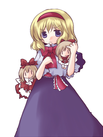 futami yayoi, alice margatroid, hourai doll, shanghai doll, touhou, lowres, 1girl, bow, bowtie, capelet, doll, female focus, hairband, looking at viewer, red bow, red bowtie, simple background, size difference, solo, white background