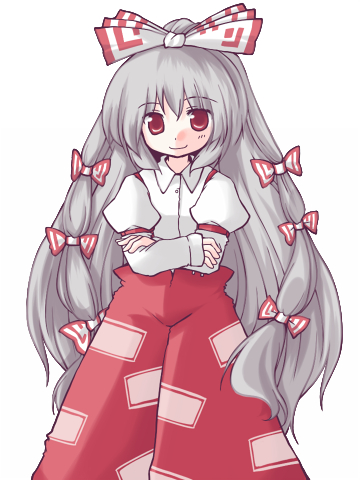 futami yayoi, fujiwara no mokou, touhou, silver hair, lowres, 1girl, bow, female focus, long hair, red eyes, solo, twintails
