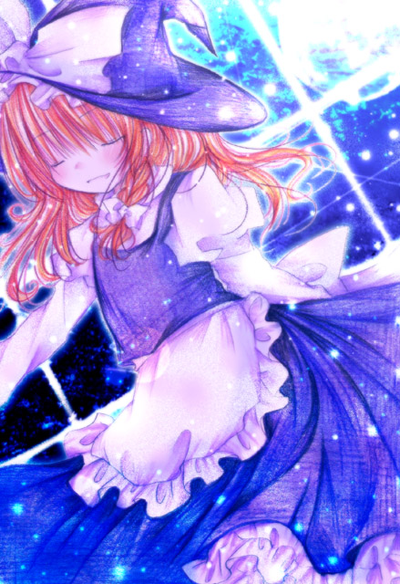 kasuga sunao, kirisame marisa, touhou, 1girl, apron, black dress, blonde hair, blunt bangs, blush, bow, braid, buttons, cowboy shot, dress, dutch angle, female focus, hair bow, hat, hidden eyes, long hair, puffy short sleeves, puffy sleeves, short sleeves, single braid, solo, waist apron, witch hat