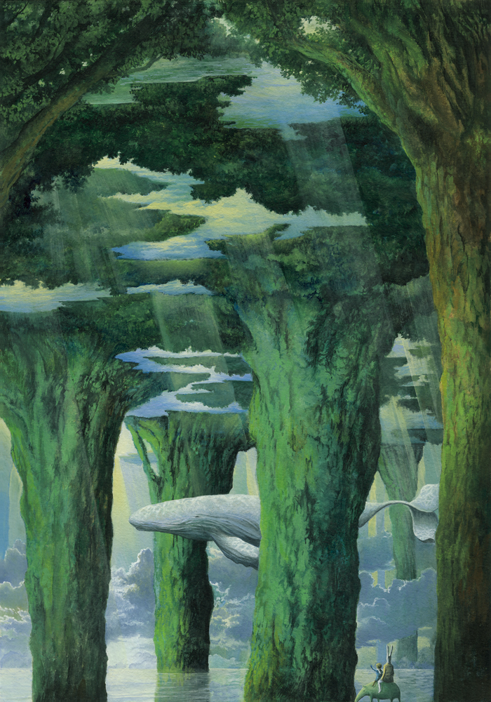 ebine toshio, toshio ebine, traditional media, child, cloud, plant, rabbit, scenery, sunlight, surreal, tapir, tree, water, whale