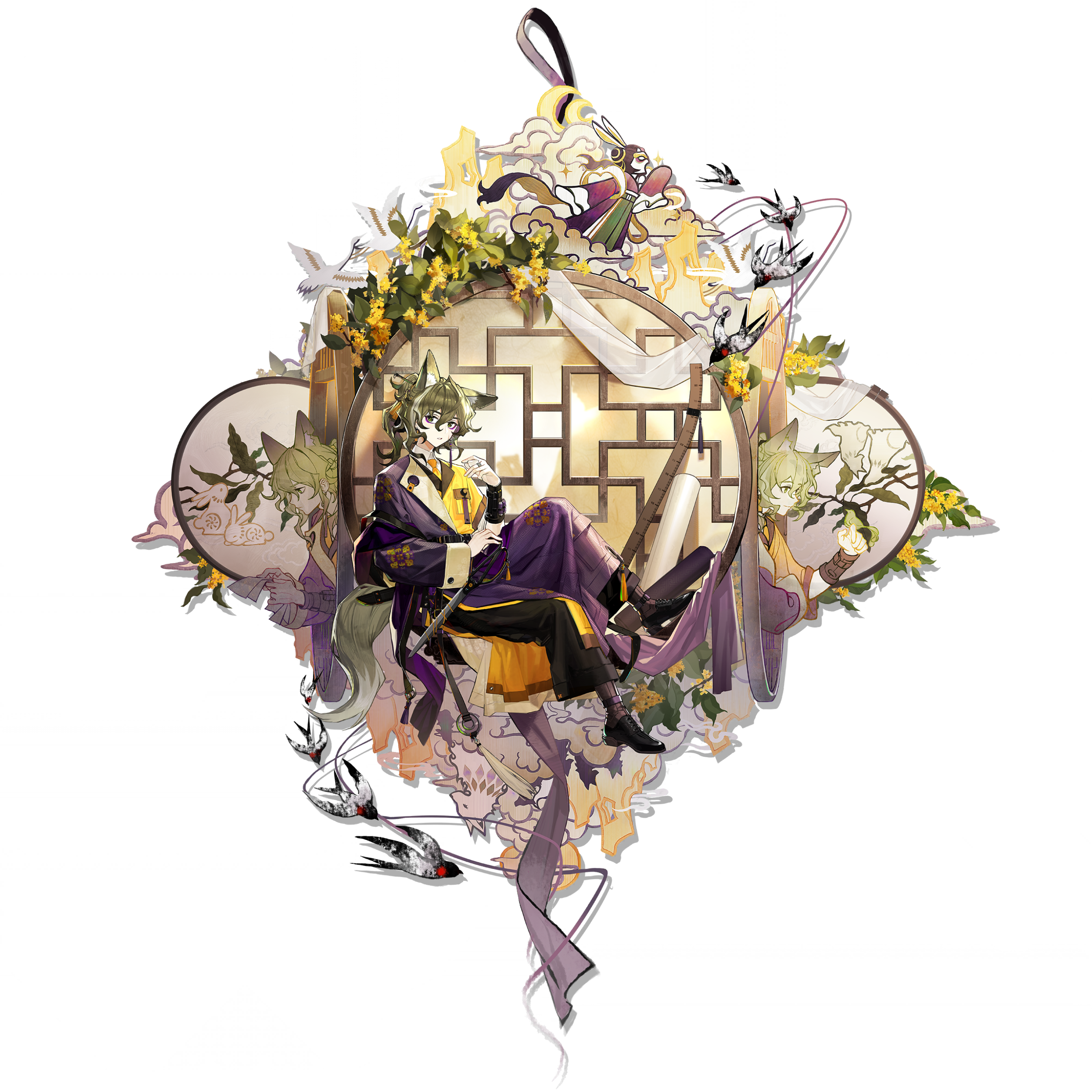 five-fall, arknights, absurdres, check clothing, clothing request, highres, official art, third-party source, 1boy, ahoge, animal ears, ankle belt, asymmetrical clothes, belt, bird, bird on hand, black belt, black boots, black hair, boots, chinese clothes, choko (cup), coat, collared shirt, crane (animal), cup, dusk beauty (arknights), earrings, embroidery hoop, eyeliner, figurino (arknights), figurino (autumn shadow) (arknights), flower, fluff, full body, green eyes, hair between eyes, hair ornament, hair stick, hanfu, holding, holding cloth, holding cup, holding scissors, jewelry, lattice, leaf, long sleeves, looking at viewer, makeup, medium hair, mountain, multiple moons, multiple views, necktie, notched ear, official alternate costume, open clothes, open robe, open window, ponytail, purple belt, purple eyeliner, purple robe, rabbit, rabbit ears, rabbit girl, robe, round window, ruler, scissors, shirt, side slit, single bracer, sitting, smile, solo, swallow (bird), tassel, tassel earrings, thread, transparent background, white shirt, window, wolf, wolf boy, wolf ears, xiangyun, yellow coat, yellow flower, yellow necktie