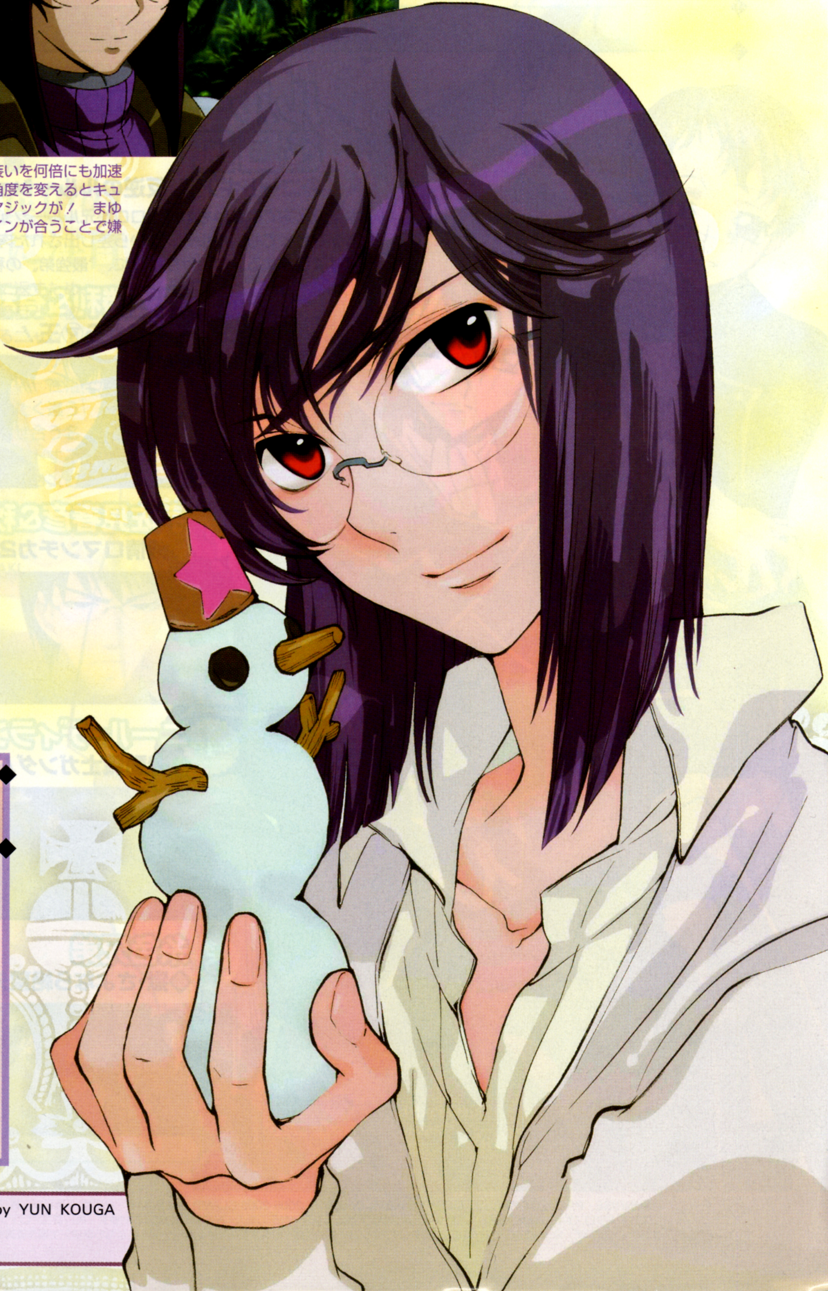 kouga yun, yun kouga, tieria erde, gundam, gundam 00, absurdres, highres, official art, 00s, 1boy, glasses, male focus, purple hair, red eyes, short hair, snowman, solo