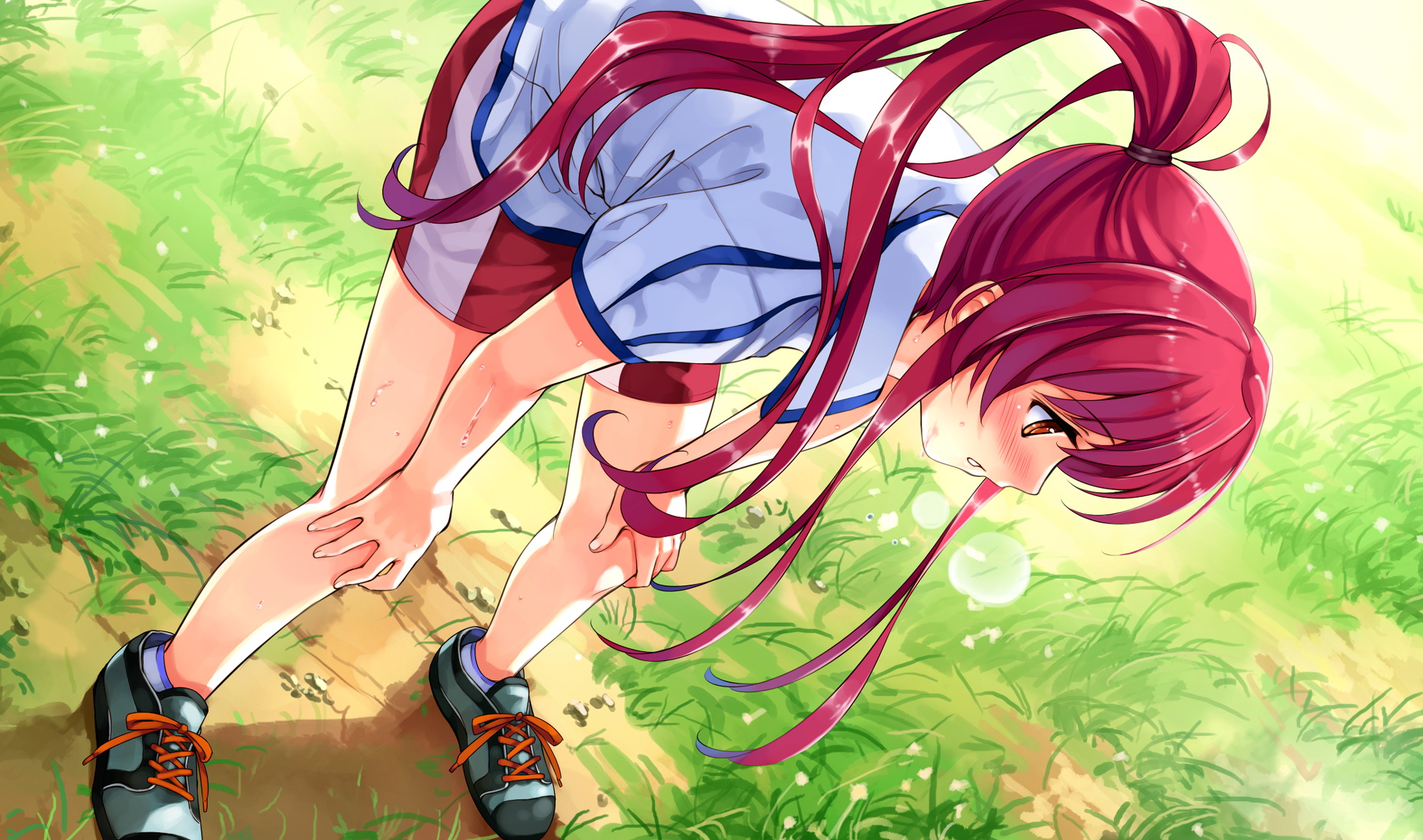 cradle (circle), misaki kurehito, miyamae tomoka, abhar, suiheisen made nan mile?, game cg, highres, 1girl, bent over, blush, brown eyes, closed eyes, dutch angle, exercising, female focus, grass, gym shorts, gym uniform, hands on own knees, heavy breathing, long hair, outdoors, ponytail, red hair, shoes, shorts, sneakers, socks, solo, sweat
