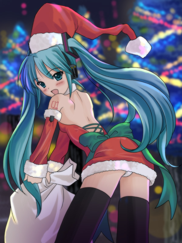ryunnu, hatsune miku, vocaloid, aqua eyes, aqua hair, back, christmas, detached sleeves, looking back, panties, sack, santa costume, solo, thighhighs, twintails, underwear