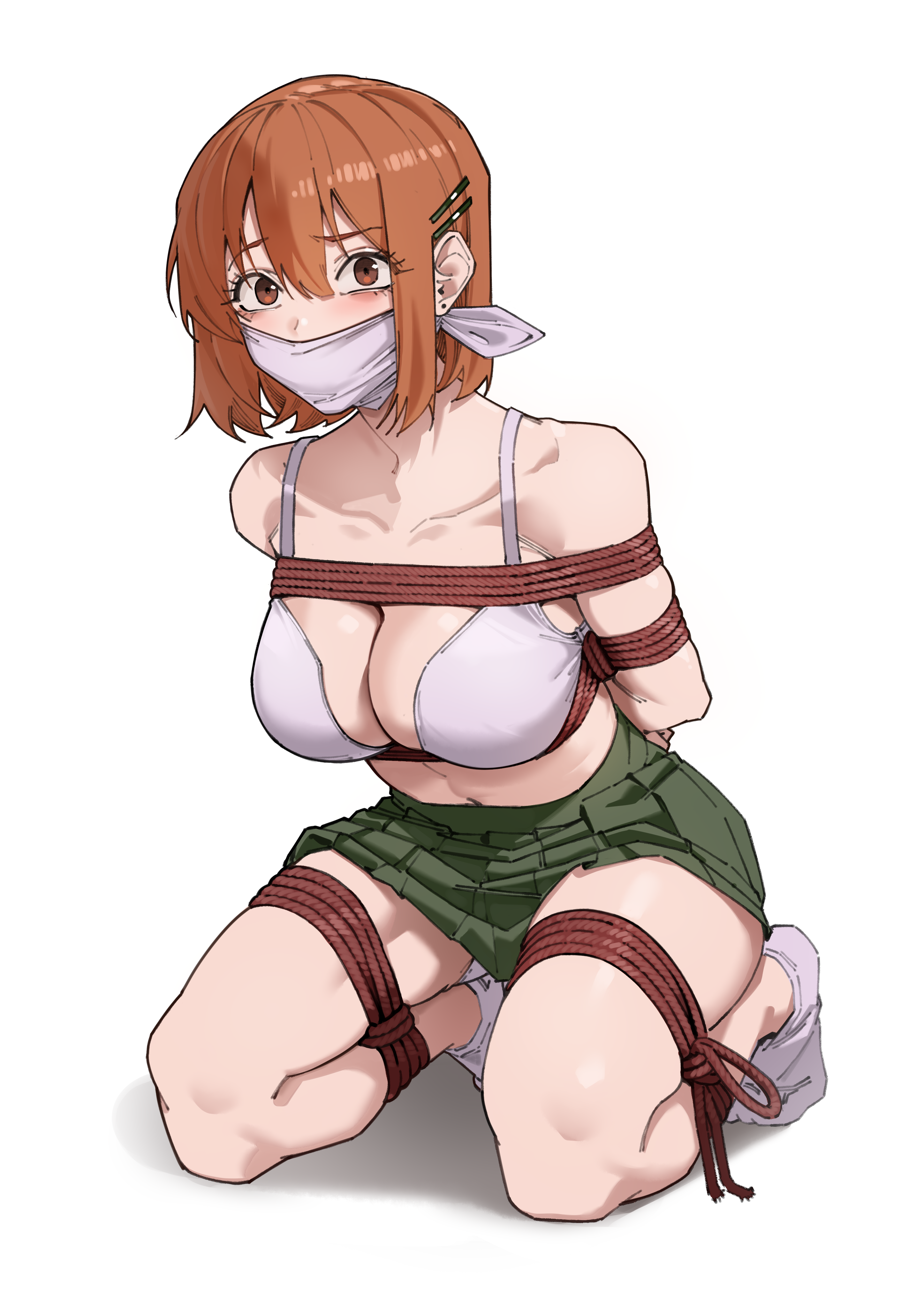 harris hero, eimi (harris hero), original, 1girl, bdsm, bondage, bound, bra, cloth gag, gag, gagged, hair between eyes, hair ornament, hairclip, improvised gag, no shirt, no shoes, pleated skirt, restrained, rope, skirt, socks, solo, underwear
