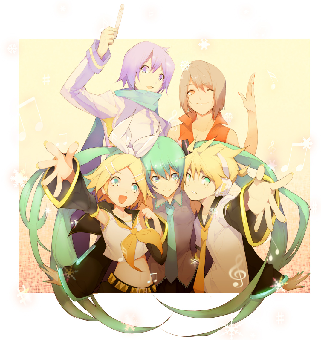 tsujisaki (coa3), tujisaki, hatsune miku, kagamine len, kagamine rin, kaito (vocaloid), meiko (vocaloid), vocaloid, bad id, bad pixiv id, 2boys, 3girls, detached sleeves, long hair, multiple boys, multiple girls, necktie, one eye closed, outstretched arm, outstretched hand, reaching, scarf, twintails, very long hair, wink