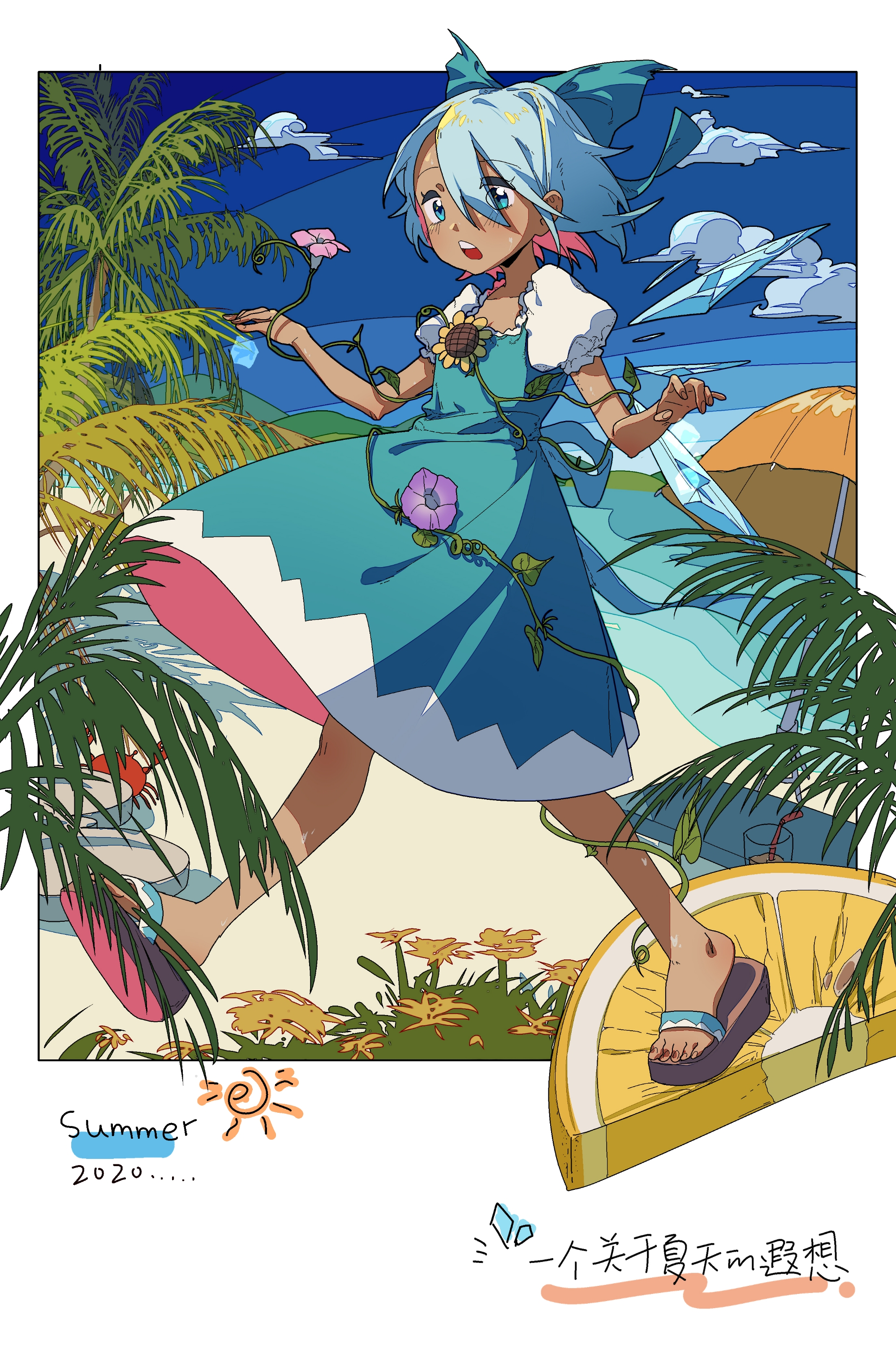 guozimiao, cirno, tanned cirno, touhou, absurdres, highres, beach, beach umbrella, blue bow, blue dress, blue eyes, blue hair, blue sky, blush, bow, chestnut mouth, chinese text, cloud, crab, day, dress, english text, flower, food, fruit, hair bow, ice, ice wings, lemon, lemon slice, looking at viewer, morning glory, mountain, ocean, open mouth, outdoors, palm leaf, palm tree, plant, sand, sandals, sky, summer, sunflower, sweat, tree, umbrella, vines, walking, waves, wind, wings