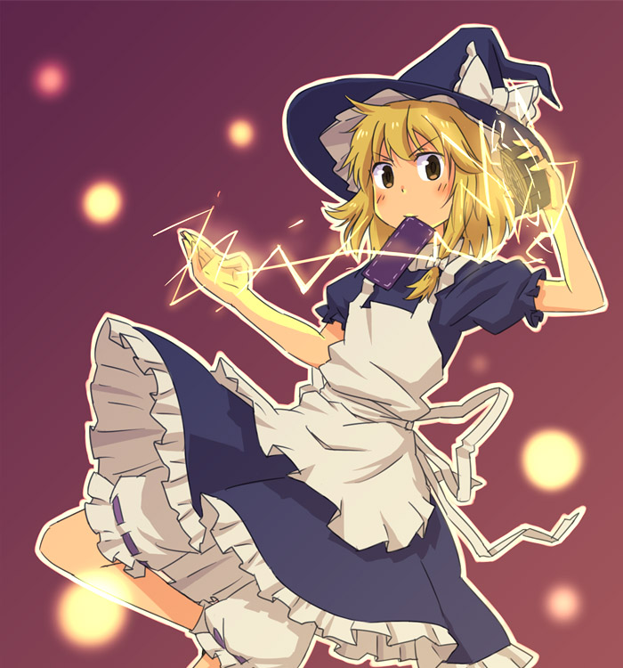 kannari, kirisame marisa, touhou, 1girl, apron, blonde hair, bloomers, card, female focus, magic, mini-hakkero, mouth hold, short hair, solo, underwear, white bloomers