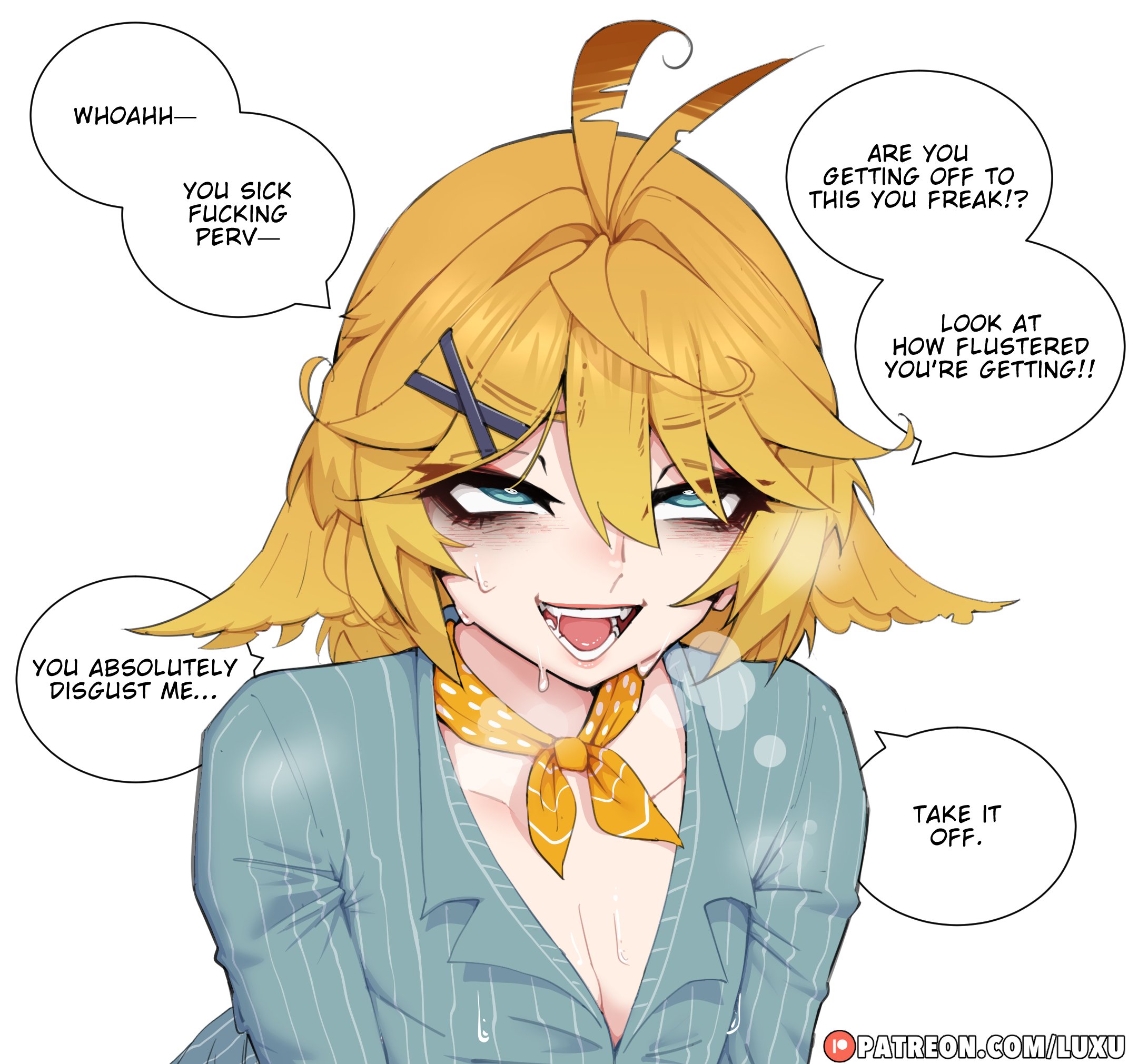 luxu, dokibird, dokibird (bounty hunter), indie virtual youtuber, highres, 1girl, blonde hair, blush, drooling, english text, fang, green eyes, hair between eyes, hair ornament, looking at viewer, neckerchief, open mouth, shirt, short hair, simple background, solo, sweat, virtual youtuber, white background