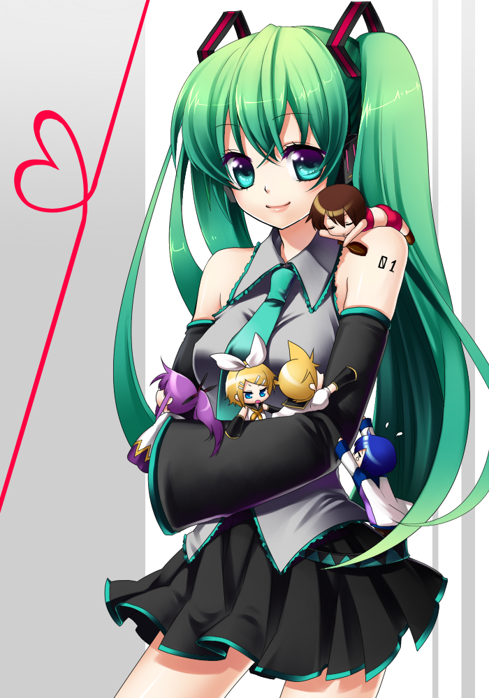 hichou roze, masaru.jp, hatsune miku, kagamine len, kagamine rin, kaito (vocaloid), kamui gakupo, meiko (vocaloid), vocaloid, bad id, bad pixiv id, 3boys, 3girls, chibi, detached sleeves, green hair, long hair, multiple boys, multiple girls, necktie, skirt, twintails