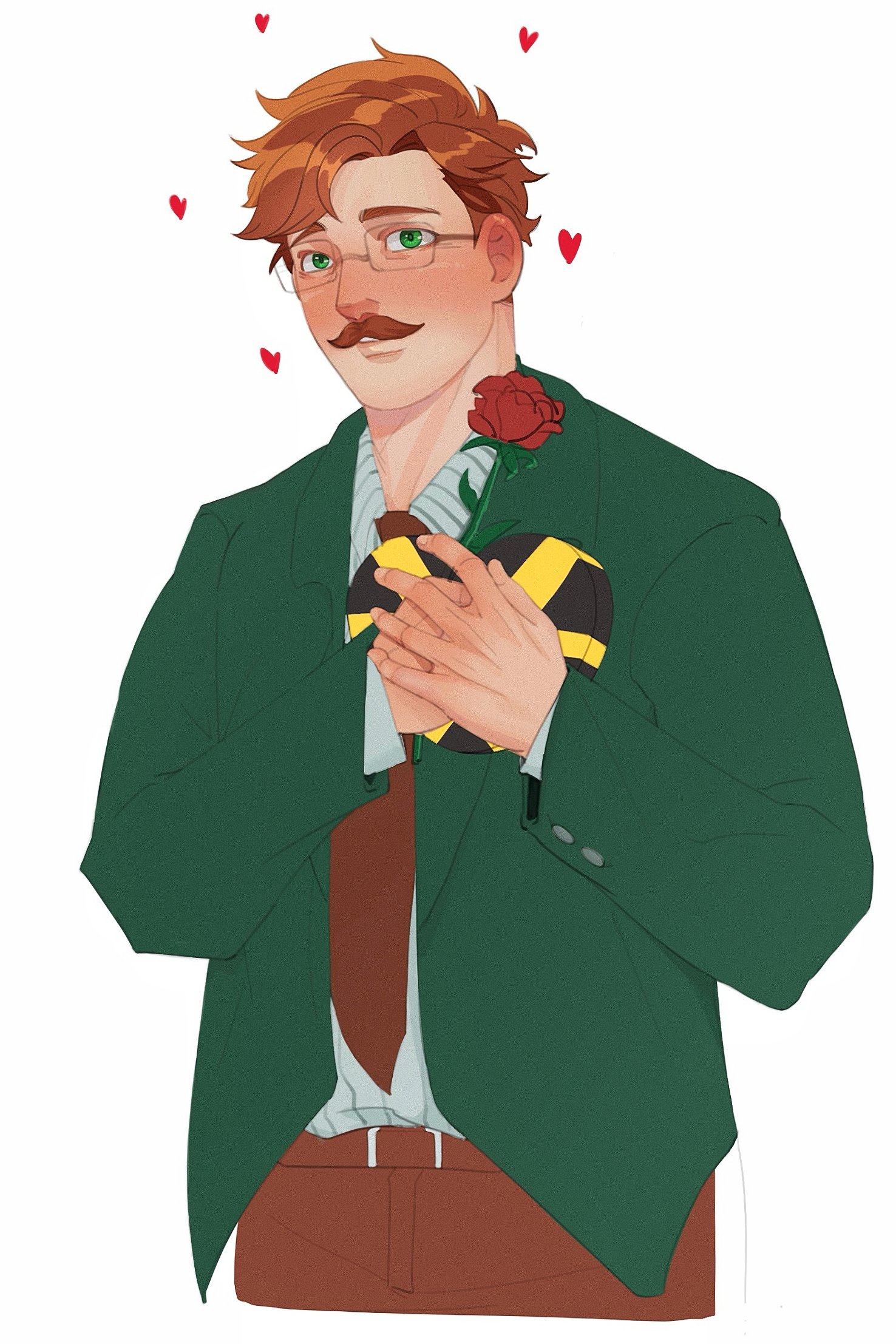 harvey (stardew valley), stardew valley, highres, 1boy, blush, box, box of chocolates, brown hair, brown pants, collared shirt, ear blush, facial hair, flower, glasses, green eyes, green jacket, heart, heart-shaped box, holding, holding box, holding flower, jacket, laoyanzi, looking at viewer, male focus, mustache, necktie, pants, red flower, red necktie, red rose, rose, shirt, short hair, simple background, solo, striped clothes, striped shirt, upper body, white background